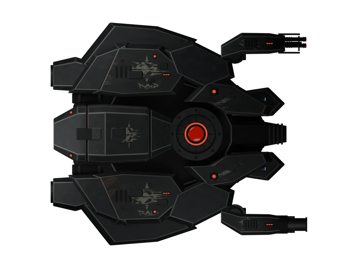 Armoured boss hull with a glowing red reactor